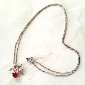 Vintage Sterling Silver Red Gemstone Birthstone Dainty Angel Necklace